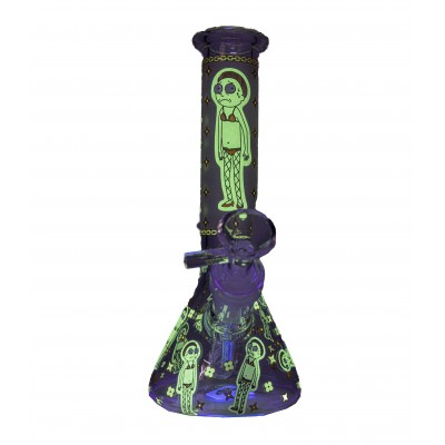RICK AND MORTY FISHNETS GLASS BEAKER WATER PIPE with ICE CATCHER 8inch (GLOW IN THE DARK)