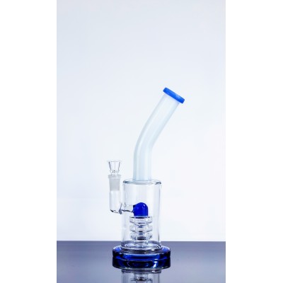 CURVED NECK TRIPLE BUTTON RING GLASS WATER PIPE WHITE WITH BLUE 10inch