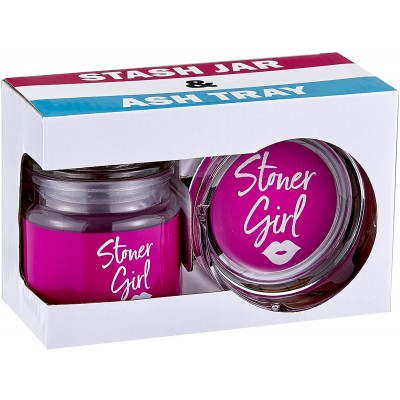 STONER GIRL PINK GLASS ASH TRAY AND STASH JAR SET
