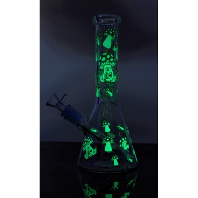 MUSHROOM GLASS BEAKER WATER PIPE 10inch (GLOW IN DARK)