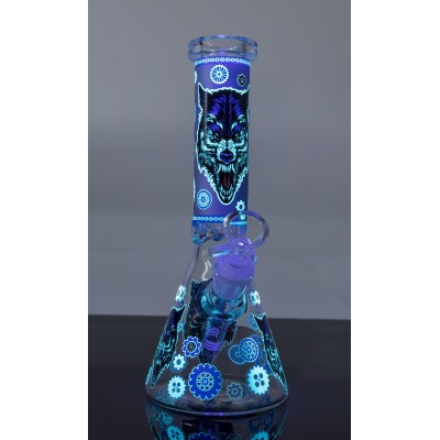 GEARED WOLF GLASS BEAKER WATER PIPE 10inch (GLOW IN DARK)