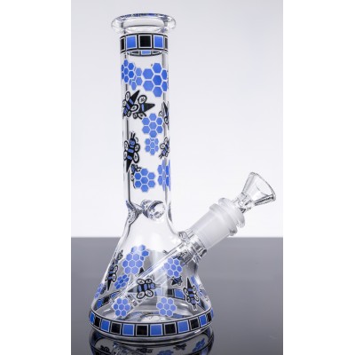 BEES GLASS BEAKER With ICE CATCHER 8inch (GLOW IN DARK) - BLUE