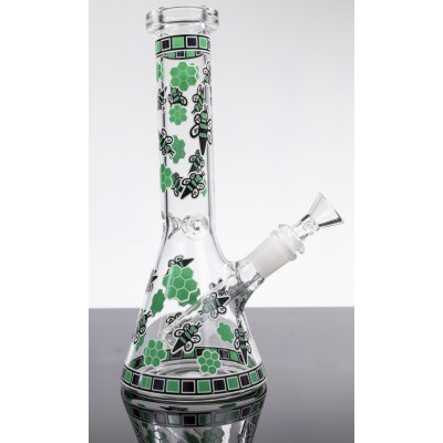 BEES WITH ICE CATCHER GLASS WATER PIPE GREEN 10inch  (GLOW IN DARK)