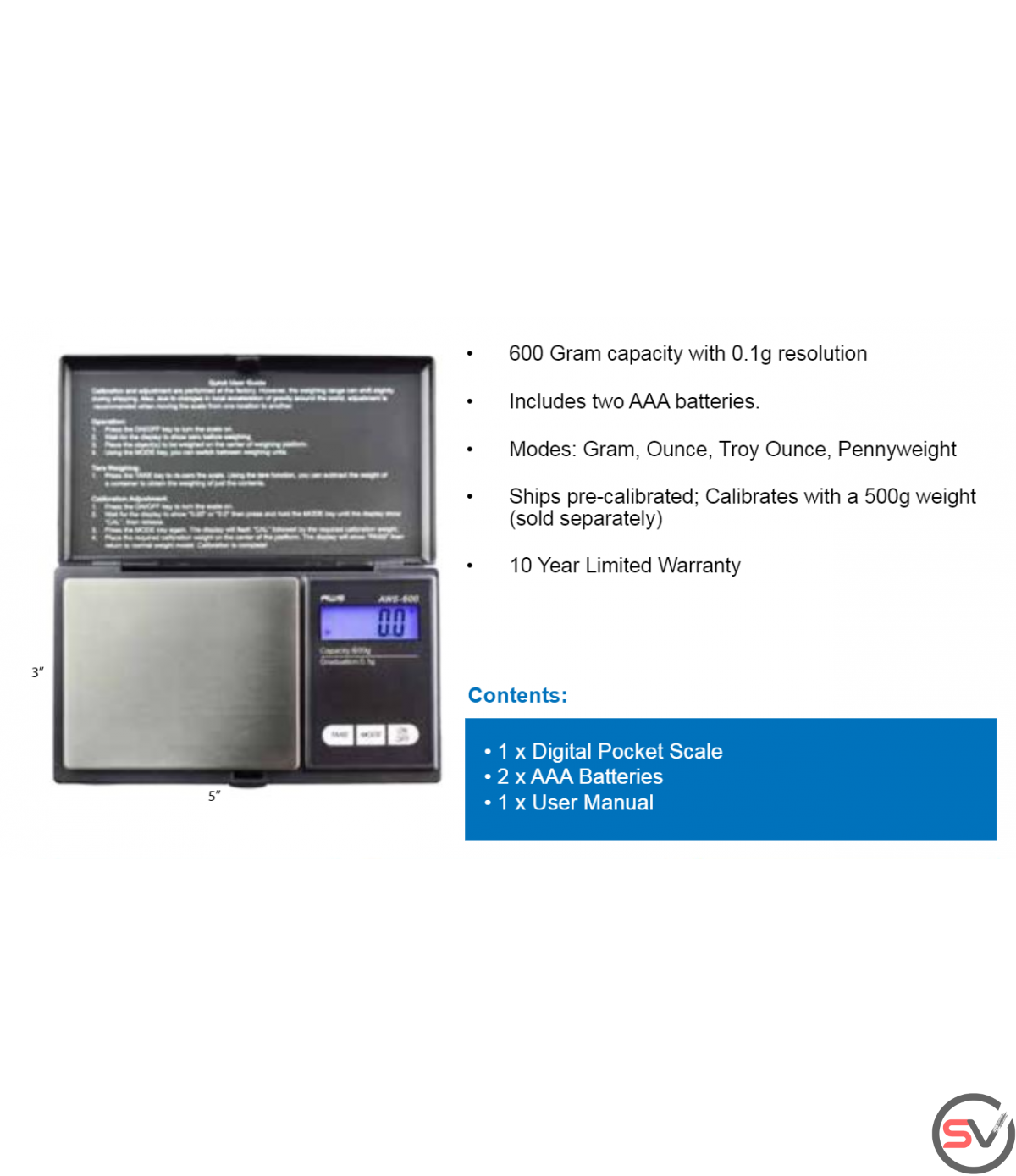 AWS 600 Digital Scale 600g Precision Scale Black Weighing Device